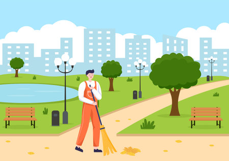 Cleaning Service flat Design Illustration. People Sweeping and Clean in the Road from Leaves with Broom for Background, Banner or Posterのイラスト素材