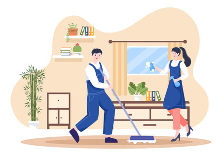 Cleaning Service flat Design Illustration. People Vacuum, Wipe the Dust and Sweeping Floor in the House for Background, Banner or Posterのイラスト素材