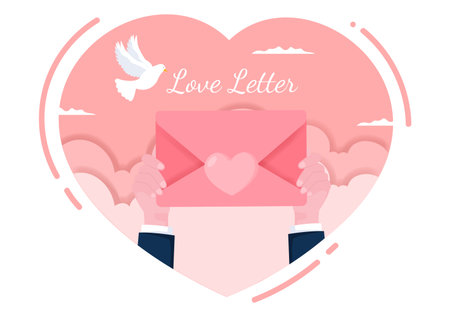 Love Letter Background Flat Illustration for Messages of Fraternity or Friendship in Pink Color Usually Given on Valentine's Day in an Envelope or Greeting Cardのイラスト素材