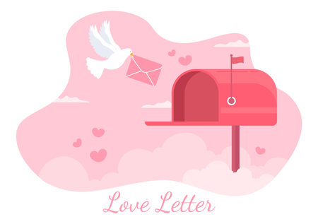 Love Letter Background Flat Illustration. Messages for Fraternity or Friendship Usually Given on Valentine's Day in an Envelope or Greeting Card Via Mailboxのイラスト素材