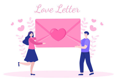 Love Letter Background Flat Illustration for Messages of Fraternity or Friendship in Pink Color Usually Given on Valentine's Day in an Envelope or Greeting Cardのイラスト素材