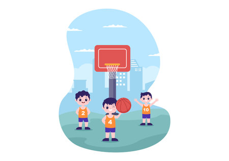 Happy Kids Cartoon Playing Basketball Flat Design Illustration Wearing Basket Uniform in Outdoor Court for Background, Poster or Bannerのイラスト素材