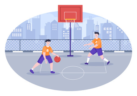 Happy Young Man Playing Basketball Flat Design Illustration Wearing Basket Uniform in Outdoor Court for Background, Poster or Bannerのイラスト素材