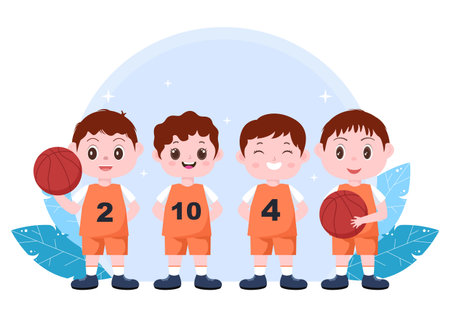 Happy Kids Cartoon Playing Basketball Flat Design Illustration Wearing Basket Uniform in Outdoor Court for Background, Poster or Bannerのイラスト素材
