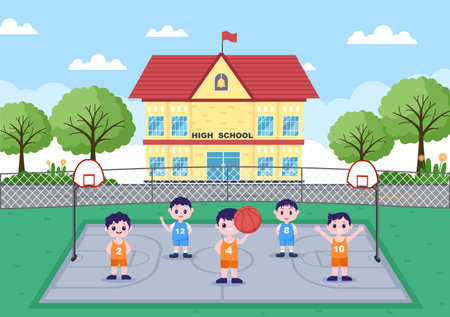 Happy Kids Cartoon Playing Basketball Flat Design Illustration Wearing Basket Uniform in Outdoor Court for Background, Poster or Bannerのイラスト素材