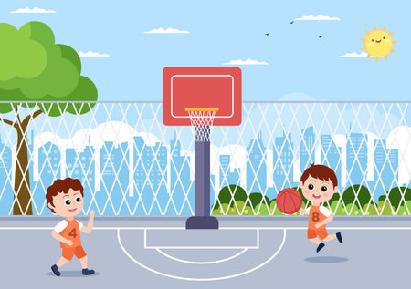 Happy Kids Cartoon Playing Basketball Flat Design Illustration Wearing Basket Uniform in Outdoor Court for Background, Poster or Bannerのイラスト素材