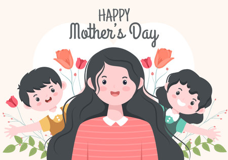 Happy Mother Day Flat Design Illustration. Mother Holding Baby or with Their Children Which is Commemorated on December 22 for Greeting Card and Posterのイラスト素材