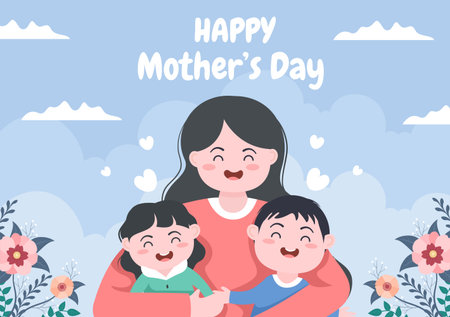 Happy Mother Day Flat Design Illustration. Mother Holding Baby or with Their Children Which is Commemorated on December 22 for Greeting Card and Posterのイラスト素材