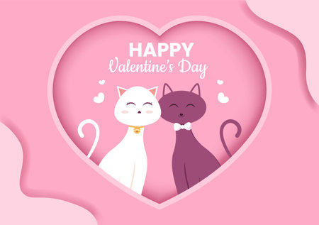Cute Couple Animal Cat Happy Valentine's Day Flat Design Illustration Which is Commemorated on February 17 for Love Greeting Cardのイラスト素材