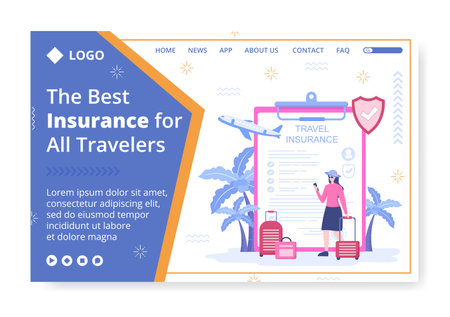 Travel Insurance Landing Page Template Flat Design Illustration Editable of Square Background Suitable for Social media, Greeting Card and Web Internet Adsのイラスト素材