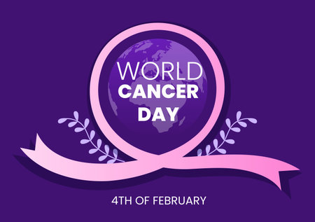 World Cancer Day with Ribbon Flat Vector Illustration. Inform the Public About Disease Awareness on February 4th Through Campaign Background or Posterのイラスト素材