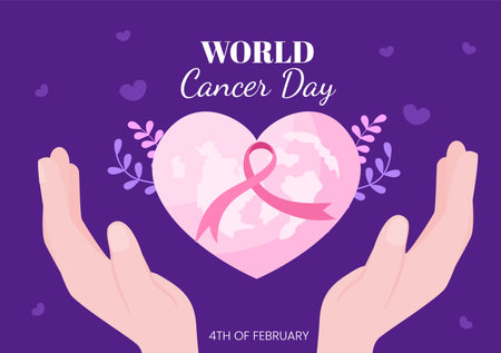 World Cancer Day with Ribbon Flat Vector Illustration. Inform the Public About Disease Awareness on February 4th Through Campaign Background or Posterのイラスト素材