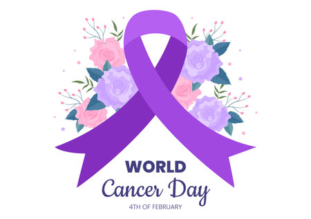 World Cancer Day with Ribbon Flat Vector Illustration. Inform the Public About Disease Awareness on February 4th Through Campaign Background or Posterのイラスト素材