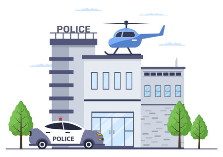 Police Station Department Building with Policeman and Police Car in Flat Style Background Illustrationのイラスト素材