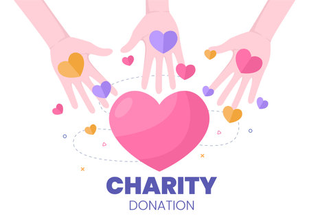 Love Charity or Giving Donation via Volunteer Team Worked Together to Help and Collect Donations for Poster or Banner in Flat Design Illustrationのイラスト素材