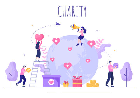 Love Charity or Giving Donation via Volunteer Team Worked Together to Help and Collect Donations for Poster or Banner in Flat Design Illustrationのイラスト素材