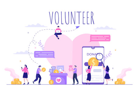 Love Charity or Online Giving Donation via Volunteer Team Worked Together to Help and Collect Donations for Poster or Banner in Flat Design Illustrationのイラスト素材