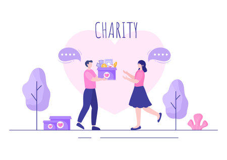 Love Charity or Giving Donation via Volunteer Team Worked Together to Help and Collect Donations for Poster or Banner in Flat Design Illustrationのイラスト素材