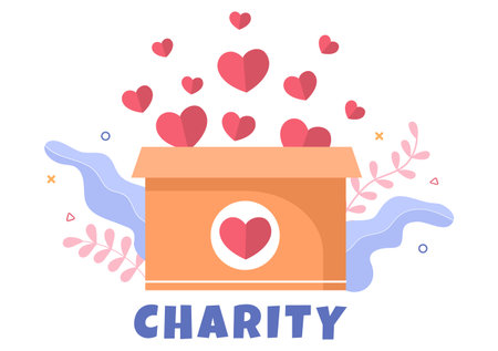 Love Charity or Giving Donation via Volunteer Team Worked Together to Help and Collect Donations for Poster or Banner in Flat Design Illustrationのイラスト素材
