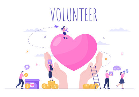 Love Charity or Giving Donation via Volunteer Team Worked Together to Help and Collect Donations for Poster or Banner in Flat Design Illustrationのイラスト素材