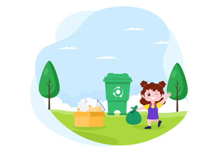 Recycle Process with Trash Organic, Paper or Plastic to Protect the Ecology Environment Suitable For Banner, Background, And Web in Flat Illustrationのイラスト素材