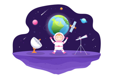 Artificial Satellites Orbiting the Planet Earth with Wireless Technology Global 5G Internet Network Communication and Astronaut in Flat Background Illustrationのイラスト素材