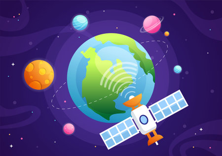 Artificial Satellites Orbiting the Planet Earth with Wireless Technology Global 5G Internet Network Satellite Communication in Flat Background Illustrationのイラスト素材