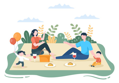 Family Time of Joyful Parents and Children Spending Time Together at Park Doing Various Relaxing Activities in Cartoon Flat Illustration for Poster or Backgroundのイラスト素材
