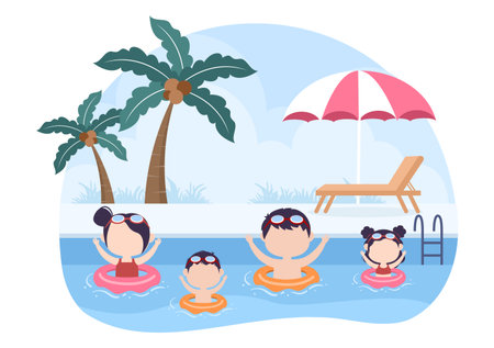 Family Time of Joyful Parents and Children Spending Time Together at Beach Doing Various Relaxing Activities in Cartoon Flat Illustration for Poster or Backgroundのイラスト素材