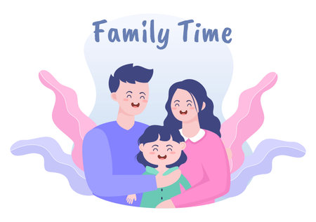 Family Time of Joyful Parents and Children Spending Time Together at Home Doing Various Relaxing Activities in Cartoon Flat Illustration for Poster or Backgroundのイラスト素材