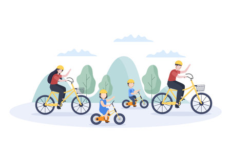 Family Time of Joyful Parents and Children Spending Time Together at Park Doing Various Relaxing Activities in Cartoon Flat Illustration for Poster or Backgroundのイラスト素材