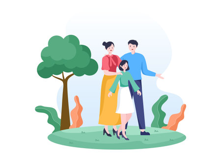 Family Time of Joyful Parents and Children Spending Time Together at Park Doing Various Relaxing Activities in Cartoon Flat Illustration for Poster or Backgroundのイラスト素材