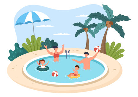 Family Time of Joyful Parents and Children Spending Time Together at Beach Doing Various Relaxing Activities in Cartoon Flat Illustration for Poster or Backgroundのイラスト素材