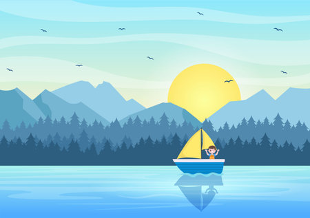Sunrise Landscape of Morning Scene Mountains, Hill, Lake and Valley in Flat Nature for Poster, Banner or Background Illustrationのイラスト素材
