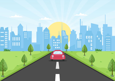 Sunrise Modern City Skyline Landscape with Town Buildings and Cityscape Sky in Flat Illustration for Poster, Banner or Backgroundのイラスト素材