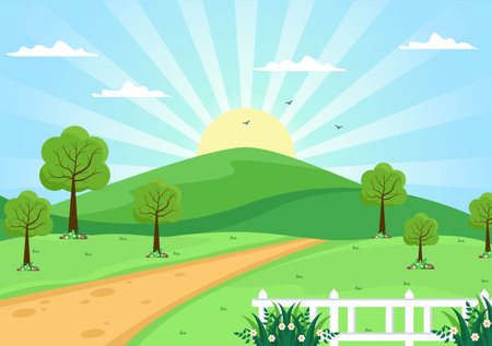 Sunrise Landscape of Morning Scene Mountains, Hill, Lake and Valley in Flat Nature for Poster, Banner or Background Illustrationのイラスト素材