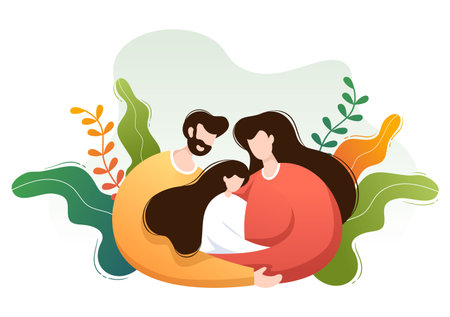 Parenting of Mother, Father and Kids Embracing Each Other in Loving Family. Cute Cartoon Background Vector Illustration for Banner or Psychologyのイラスト素材