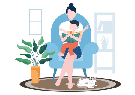 Parenting of Mother, Father and Kids Embracing Each Other in Loving Family. Cute Cartoon Background Vector Illustration for Banner or Psychologyのイラスト素材