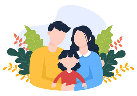 Parenting of Mother, Father and Kids Embracing Each Other in Loving Family. Cute Cartoon Background Vector Illustration for Banner or Psychologyのイラスト素材