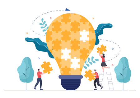 Problem and Solution in Business Solving to Look Ideas with the Concept of Teamwork Can use for Web Banner or Background Flat Illustrationのイラスト素材