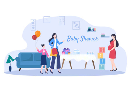 Baby Shower Little Boy or Girl with Cute Design Toys and Accessories Newborn Babies Background Illustration for Invitation and Greeting Cardsのイラスト素材