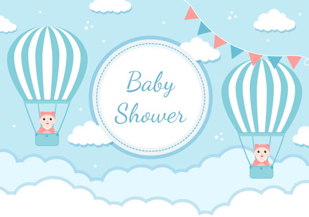 Baby Shower Little Boy or Girl with Cute Design Toys and Accessories Newborn Babies Background Illustration for Invitation and Greeting Cardsのイラスト素材