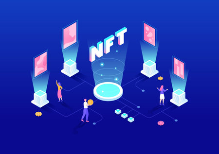 NFT Non Fungible Token Crypto Art of Converting Into Digital Network with Coin Servers for Banner or Poster in Flat Background Illustrationのイラスト素材