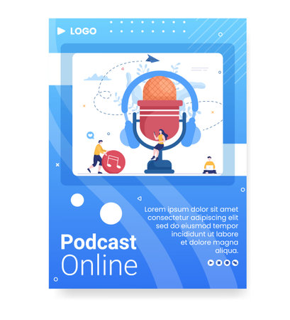 People Using Headset to Podcast Poster Template Flat Design Illustration Editable of Square Background for Social Media or Greeting Cardのイラスト素材