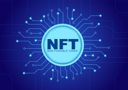 NFT Non Fungible Token Crypto Art of Converting Into Digital Network with Coin Servers for Banner or Poster in Flat Background Illustrationのイラスト素材
