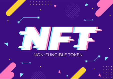 NFT Non Fungible Token Crypto Art of Converting Into Digital Network with Coin Servers for Banner or Poster in Flat Background Illustrationのイラスト素材