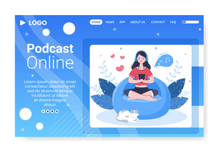 People Using Headset to Podcast Landing Page Template Flat Design Illustration Editable of Square Background for Social Media or Greeting Cardのイラスト素材