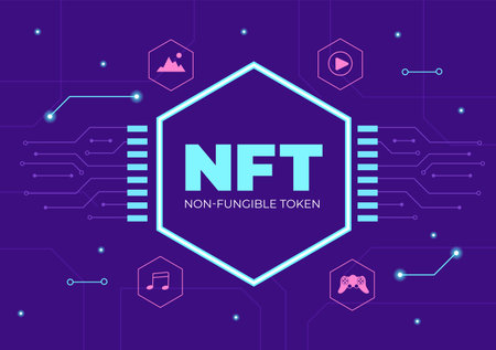 NFT Non Fungible Token Crypto Art of Converting Into Digital Network with Coin Servers for Banner or Poster in Flat Background Illustrationのイラスト素材