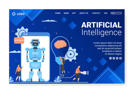 Artificial Intelligence Digital Brain Technology Landing Page Template Flat Illustration Editable of Square Background for Social media or Greetings Cardのイラスト素材