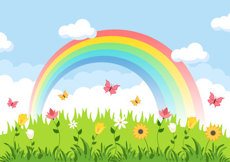 Spring Time Landscape Background with Flowers Season, Rainbow and Plant for Promotions, Magazines, Advertising or Websites. Nature Vector illustrationのイラスト素材